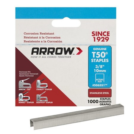 Arrow Fastener Heavy Duty Staples, 18 ga, Flat Crown, 3/8 in Leg L, Stainless Steel 506SS1